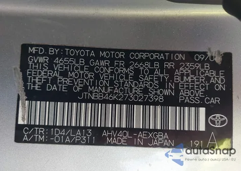 2007 Toyota Camry Hybrid from USA, damaged, VIN JTNBB46K273027398